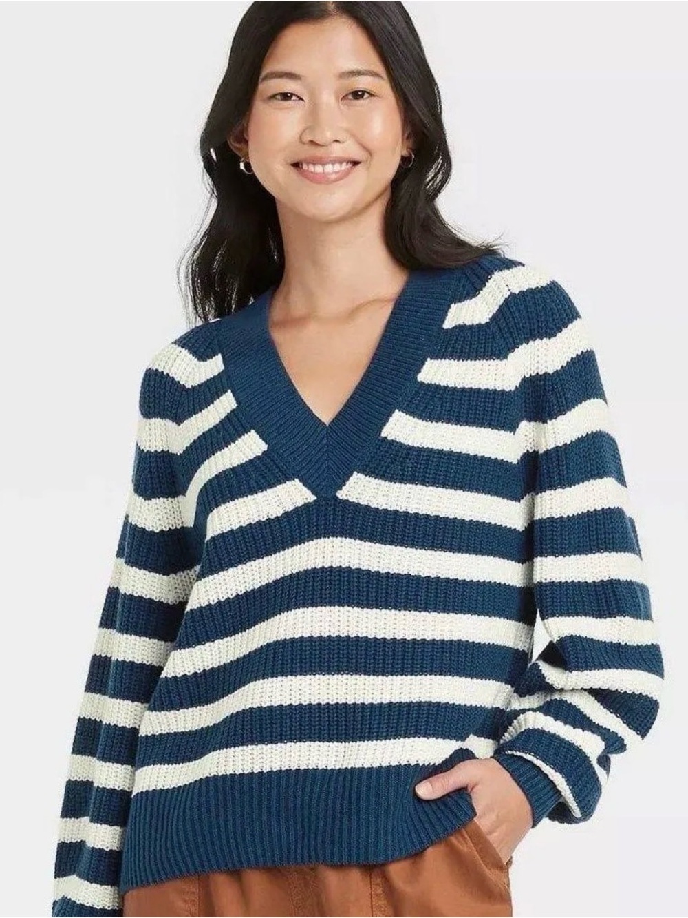 A New Day Sweater Coastal Navy White stripe Shaker Knit Sz L new
